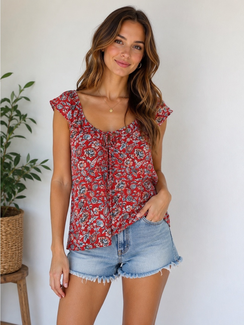 Old Navy Red‎ Floral Paisley Tie Tank Top Size S